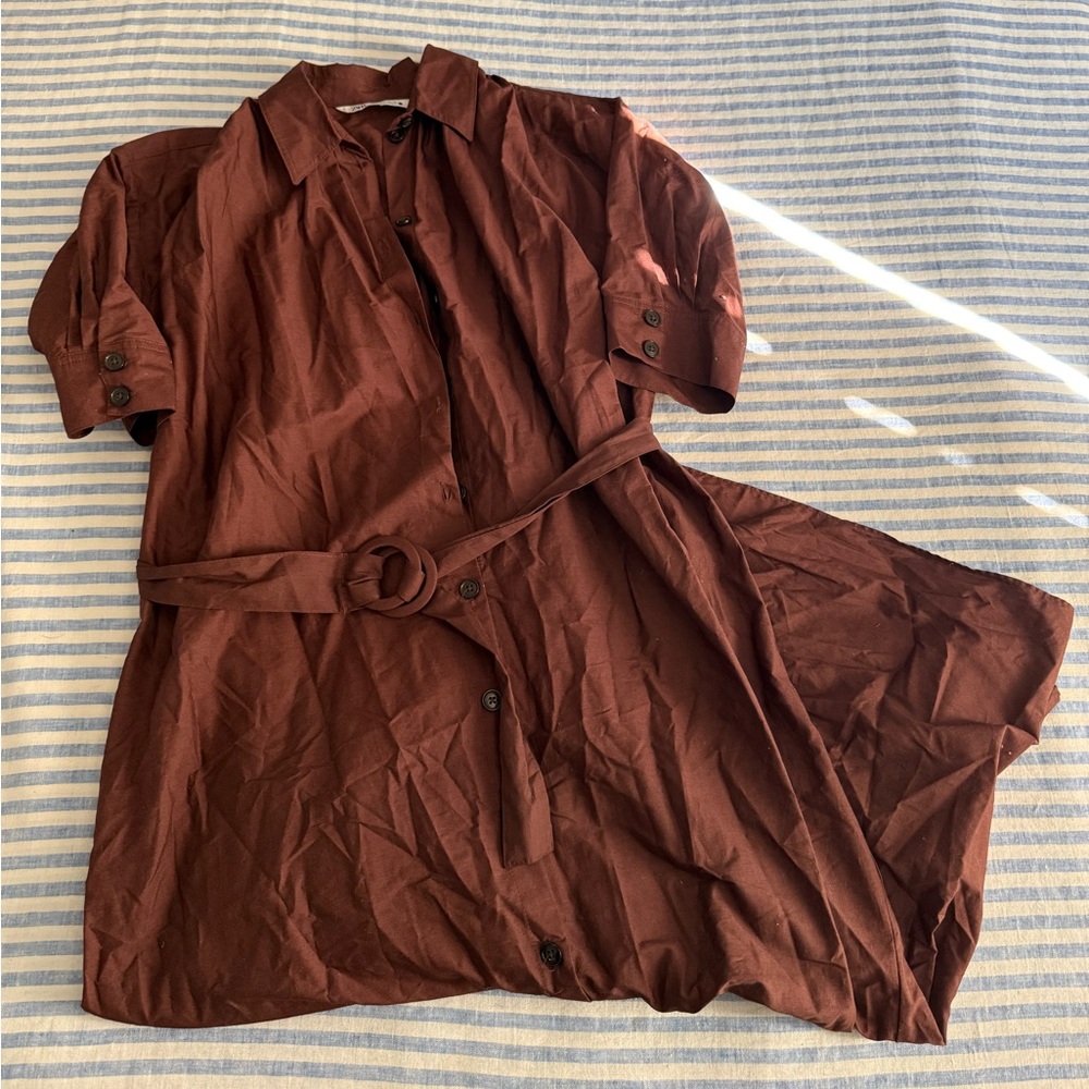 Zara cotton button down belted shirt dress, Brown, sz S